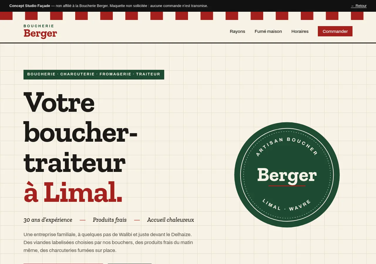 Après : maquette Studio Façade pour la Boucherie Berger, store rayé rouge, grand titre « Votre boucher-traiteur à Limal » et macaron vert.